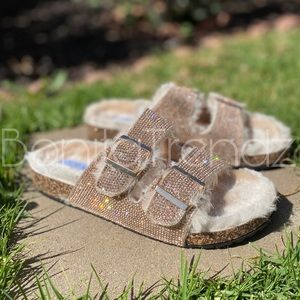 Rose Gold Rhinestone Double Strap Fur Slides